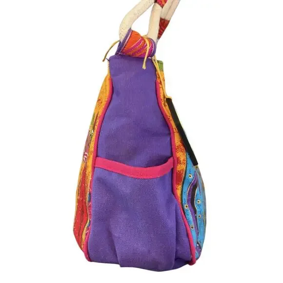 Laurel Burch Fantasticats Purse Shoulder Bag 6 Cats Zip Canvas Wood Bag Charm - Picture 5 of 15